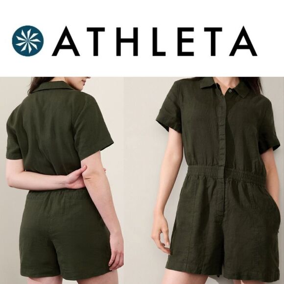 $109 NEW XL ATHLETA LINEN OLIVE GREEN SHORT SLEEVE ZIP POCKET ROMPER EXTRA LARGE